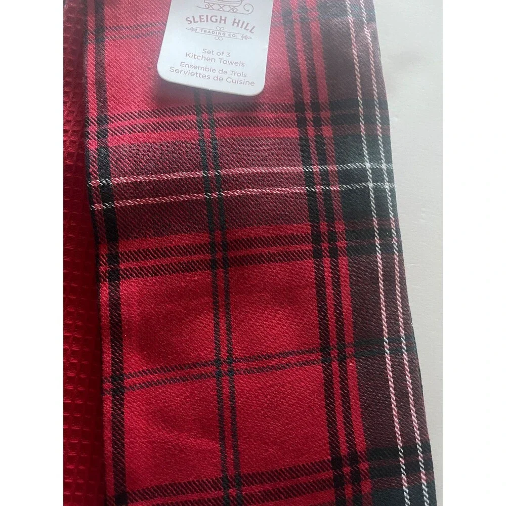 Sleigh Hill Christmas Tartan Plaid Kitchen Dish Towels Green Red White Set of 3
